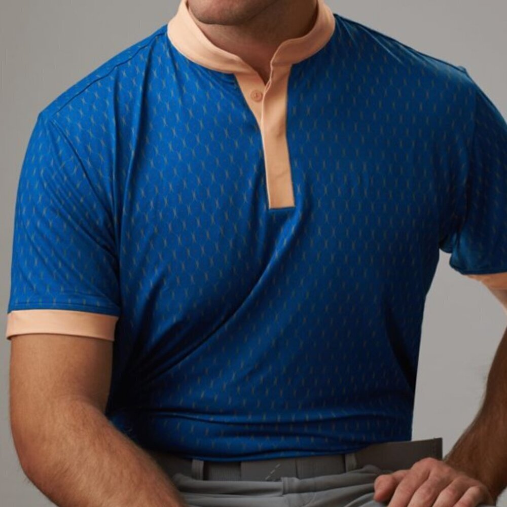 Kingsmen Golf Polo Blue and Orange Polo Shirt with Geometric Pattern Size M